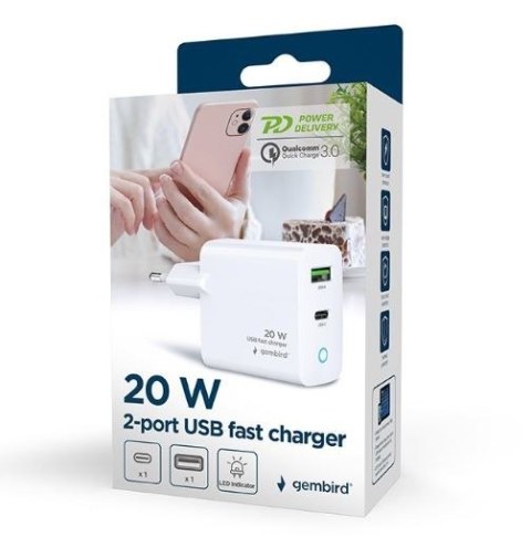 Ładowarka USB-A USB-C LED 20W PD QC3.0 biała Ładowarka USB-A USB-C LED 20W PD QC3.0 biała