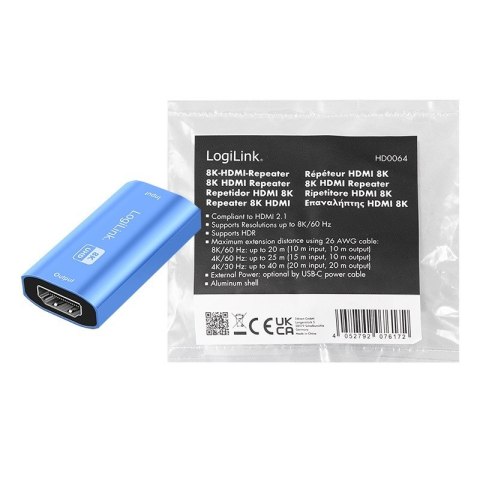 Repeater HDMI, 8K/60HZ, HDCP2.3, Alu, niebieski Repeater HDMI, 8K/60HZ, HDCP2.3, Alu, niebieski