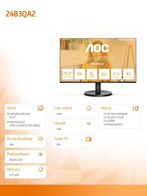 Monitor 23.8 cala 24B3QA2 IPS 120Hz HDMI DP VGA Głośniki Monitor 23.8 cala 24B3QA2 IPS 120Hz HDMI DP VGA Głośniki