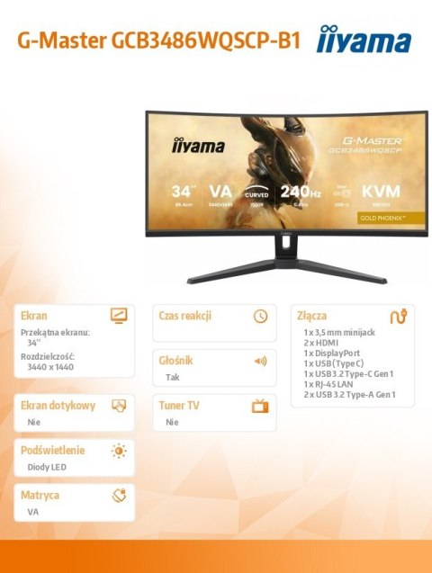 Monitor G-Master 34 cale GCB3486WQSCP-B1,VA,UWQHD,240HZ,0.4ms,1500R,HDR400,500cd,21:9,HDMI (2.1), USB-C dock 95W, RJ45, 2x5W, KV Monitor G-Master 34 cale GCB3486WQSCP-B1,VA,UWQHD,240HZ,0.4ms,1500R,HDR400,500cd,21:9,HDMI (2.1), USB-C dock 95W, RJ45, 2x5W, KV