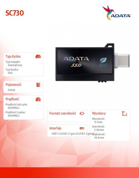Dysk zewnętrzny SSD SC730 512G USB 3.2C/A 600/600MB/s czarny Dysk zewnętrzny SSD SC730 512G USB 3.2C/A 600/600MB/s czarny