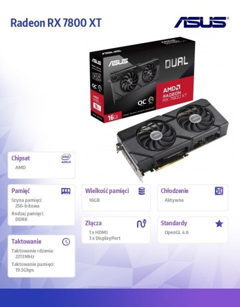 Karta graficzna Dual Radeon RX 7800 XT OC Edition 16GB GDDR6DUAL-RX7800XT-O16G Karta graficzna Dual Radeon RX 7800 XT OC Edition 16GB GDDR6DUAL-RX7800XT-O16G