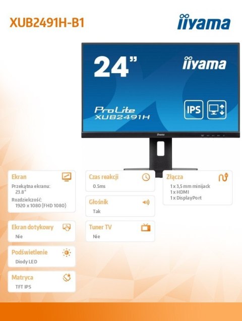 Monitor 24 cale XUB2491H-B1 IPS, HDMI, DP, 2x2W, HAS, Pivot Monitor 24 cale XUB2491H-B1 IPS, HDMI, DP, 2x2W, HAS, Pivot