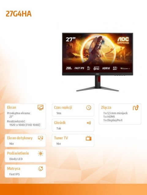 Monitor 27G4HA 27 cali Fast IPS 200Hz HDMIx2 DP Pivot Glośniki Monitor 27G4HA 27 cali Fast IPS 200Hz HDMIx2 DP Pivot Glośniki
