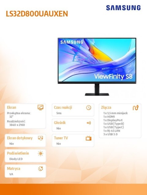 Monitor 32 cali ViewFinity S80UD IPS 3840x2160 UHD 16:9 1xHDMI 1xDP 1xUSB-C 90W 3xUSB 3.0 LAN KVM 5ms PinP/PbyP 60Hz HAS+PIV pła Monitor 32 cali ViewFinity S80UD IPS 3840x2160 UHD 16:9 1xHDMI 1xDP 1xUSB-C 90W 3xUSB 3.0 LAN KVM 5ms PinP/PbyP 60Hz HAS+PIV pła