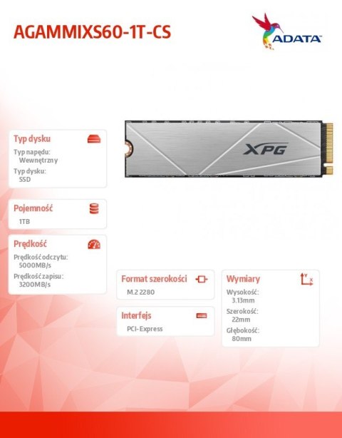 Dysk SSD XPG S60 1TB PCIe 4x4 5/3.2GB/s M2 Dysk SSD XPG S60 1TB PCIe 4x4 5/3.2GB/s M2