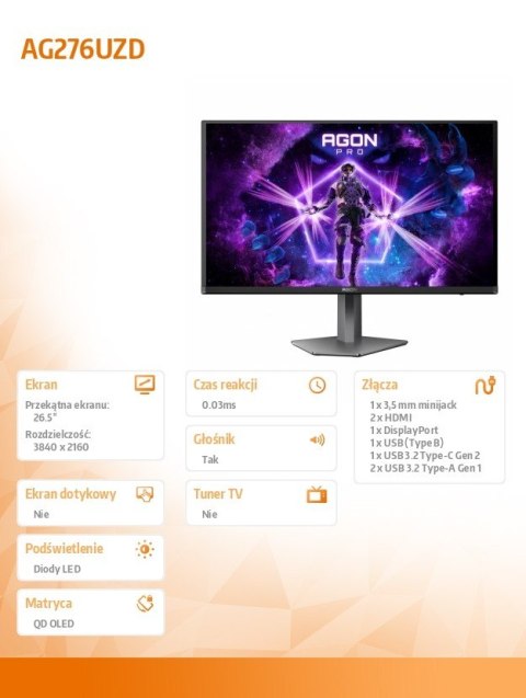 Monitor 26.5 cala AG276UZD 4K QD-OLED 240Hz HDMIx2 DP USB-C Pivot Monitor 26.5 cala AG276UZD 4K QD-OLED 240Hz HDMIx2 DP USB-C Pivot