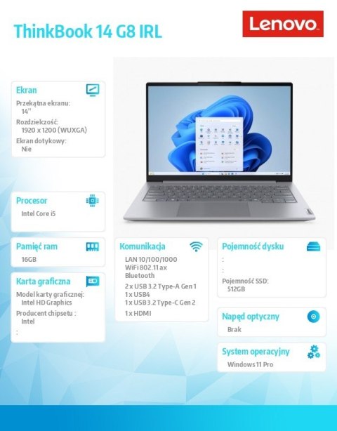 Notebook ThinkBook 14 G8 21SG00H8PB W11Pro i5-13420H/16GB/512GB/INT/14.0 WUXGA/Luna Grey/3YRS OS + CO2 Offset Notebook ThinkBook 14 G8 21SG00H8PB W11Pro i5-13420H/16GB/512GB/INT/14.0 WUXGA/Luna Grey/3YRS OS + CO2 Offset