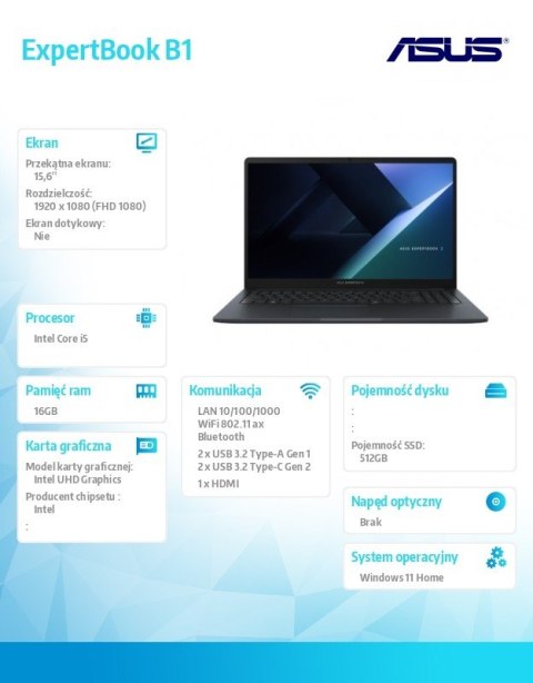 Notebook ExpertBook B1 B1503CVA-S72273W - i5-1334U/16GB/1TB/15.6 FHD/Win 11 HOME /3YRS Notebook ExpertBook B1 B1503CVA-S72273W - i5-1334U/16GB/1TB/15.6 FHD/Win 11 HOME /3YRS