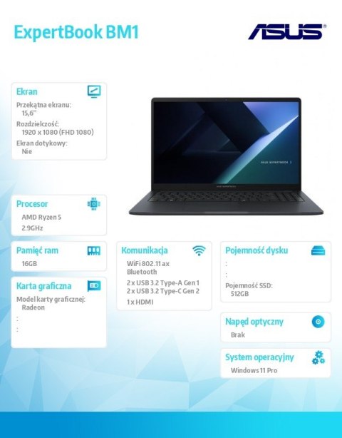 Notebook ExpertBook BM1 BMBM1503CDA-S70065X- R5 7535U/16GB/512GB/15.6 FHD/Win 11 PRO/3YRS Notebook ExpertBook BM1 BMBM1503CDA-S70065X- R5 7535U/16GB/512GB/15.6 FHD/Win 11 PRO/3YRS