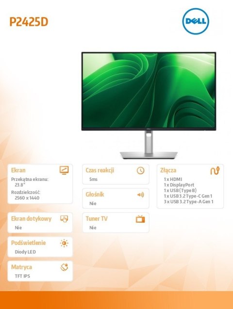 Monitor 23.8 cala P2425D IPS LED QHD (2560x1440)/16:9/HDMI/DP/USB-C/3x USB/5Y AES&PPG Monitor 23.8 cala P2425D IPS LED QHD (2560x1440)/16:9/HDMI/DP/USB-C/3x USB/5Y AES&PPG