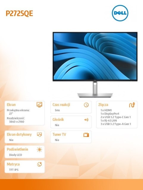 Monitor 27 cali P2725QE IPS LED UHD 4K(3840x 2160)/16:9/HDMI/DP/USB-C/3xUSB/RJ45/3Y Monitor 27 cali P2725QE IPS LED UHD 4K(3840x 2160)/16:9/HDMI/DP/USB-C/3xUSB/RJ45/3Y