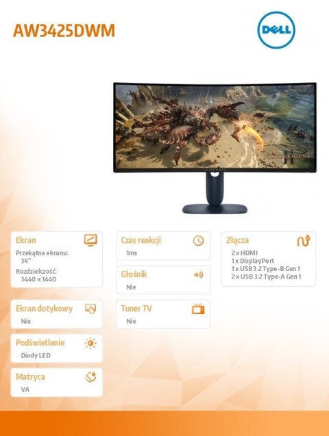 Monitor AW3425DWM 34 cale Curved AMD FreeSync VA 180Hz WQHD (3440x1440)/21:9/1xDP/2xHDMI/2xUSB 3.2/3Y AES&PPE Monitor AW3425DWM 34 cale Curved AMD FreeSync VA 180Hz WQHD (3440x1440)/21:9/1xDP/2xHDMI/2xUSB 3.2/3Y AES&PPE