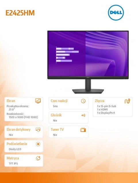 Monitor E2425HM 23.8 cala VA LED Full HD (1920x1080)/16:9/DP/HDMI/VGA/3Y Monitor E2425HM 23.8 cala VA LED Full HD (1920x1080)/16:9/DP/HDMI/VGA/3Y