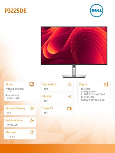 Monitor P3225DE 31.5 cala IPS LED QHD (2560x1440)/16:9/HDMI/DP/USB-C/3xUSB 3.2/RJ45/3Y AES Monitor P3225DE 31.5 cala IPS LED QHD (2560x1440)/16:9/HDMI/DP/USB-C/3xUSB 3.2/RJ45/3Y AES