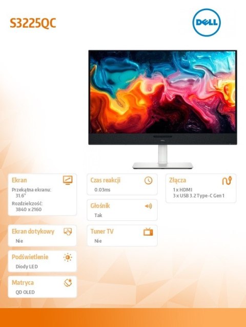 Monitor S3225QC 31.5 cala 4K (3840x2160)/16:9/HDMI/2xUSB-C/Speakers/3Y Monitor S3225QC 31.5 cala 4K (3840x2160)/16:9/HDMI/2xUSB-C/Speakers/3Y