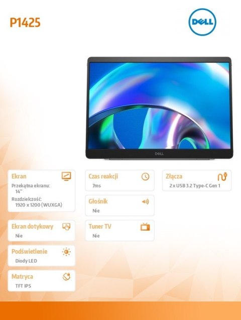 Monitor przenośny P1425 14 cali LED IPS 1920x1080/WUXGA/2xUSB-C/3Y Monitor przenośny P1425 14 cali LED IPS 1920x1080/WUXGA/2xUSB-C/3Y