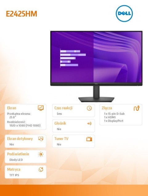 Monitor E2425HM 23.8 cala VA LED Full HD (1920x1080)/16:9/DP/HDMI/VGA/5Y Monitor E2425HM 23.8 cala VA LED Full HD (1920x1080)/16:9/DP/HDMI/VGA/5Y