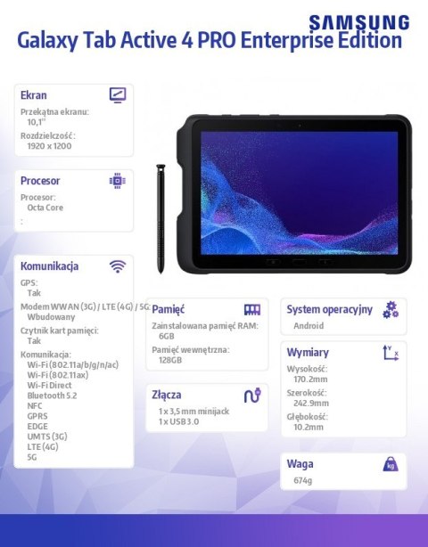 Tablet Galaxy Tab Active 4 PRO 5G 10.1 cali 6/128GB Enterprise Edition Czarny Tablet Galaxy Tab Active 4 PRO 5G 10.1 cali 6/128GB Enterprise Edition Czarny