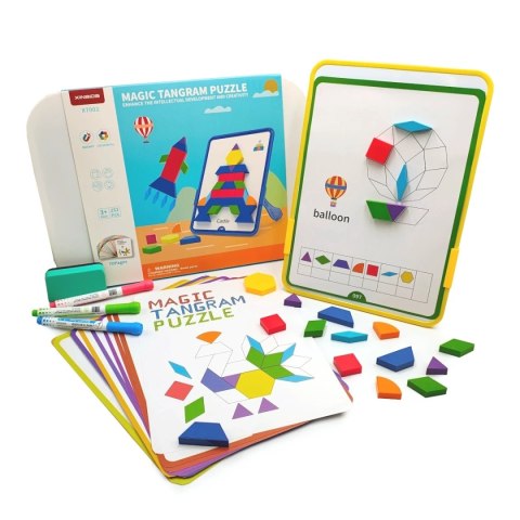 Magnetyczna mozaika Tangram z tablicą - 128 el. + karty pracy X-Bida