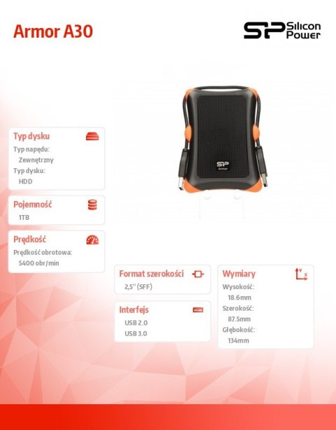 ARMOR A30 1TB USB 3.0 BLACK-ORANGE / PANCERNY / wstrząsoodporny ARMOR A30 1TB USB 3.0 BLACK-ORANGE / PANCERNY / wstrząsoodporny