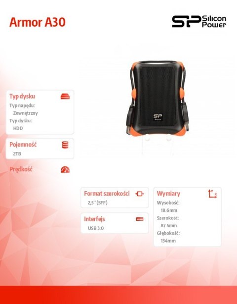 ARMOR A30 2TB USB 3.0 BLACK-ORANGE / PANCERNY / wstrząsoodporny ARMOR A30 2TB USB 3.0 BLACK-ORANGE / PANCERNY / wstrząsoodporny