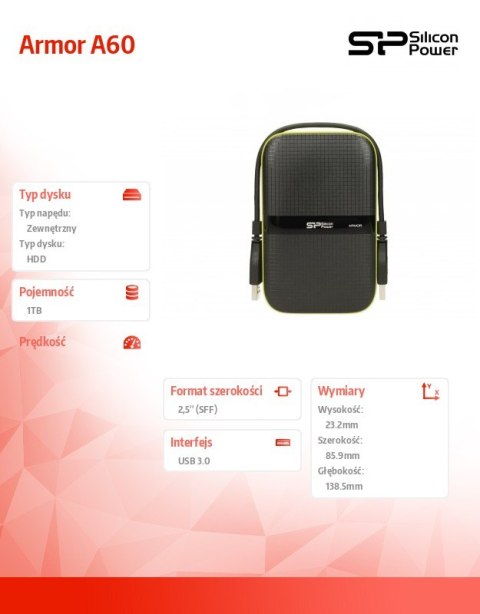 ARMOR A60 1TB USB 3.0 BLACK-GREEN/PANCERNY wstrząso/pyło i wodoodporny ARMOR A60 1TB USB 3.0 BLACK-GREEN/PANCERNY wstrząso/pyło i wodoodporny
