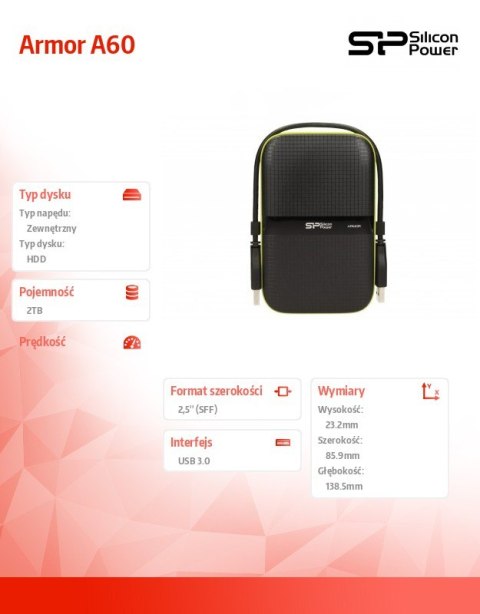 ARMOR A60 2TB USB 3.0 BLACK-GREEN/PANCERNY wstrząso/pyło i wodoodporny ARMOR A60 2TB USB 3.0 BLACK-GREEN/PANCERNY wstrząso/pyło i wodoodporny