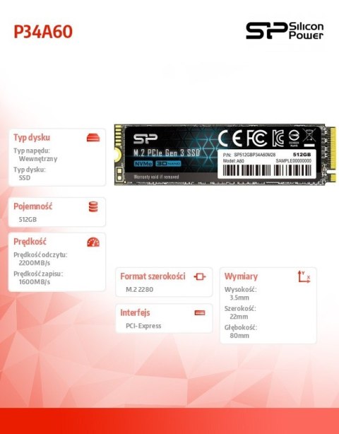 Dysk SSD A60 512GB M.2 PCIe 2200/1600 MB/s NVMe Dysk SSD A60 512GB M.2 PCIe 2200/1600 MB/s NVMe
