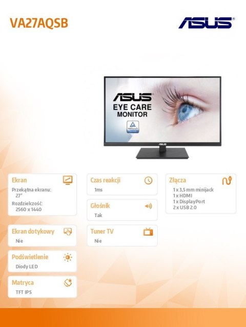 Monitor 27 cali VA27AQSB IPS WQHD HDMI DP USB PIVOT Głośnik Monitor 27 cali VA27AQSB IPS WQHD HDMI DP USB PIVOT Głośnik