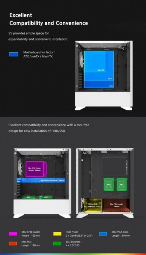Obudowa S5 WHITE ATX Mid Tower PC Case RGB fan TG Obudowa S5 WHITE ATX Mid Tower PC Case RGB fan TG