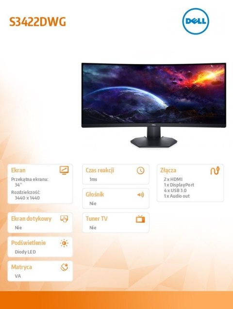 Monitor S3422DWG 34 cale VA LED 21:9/3440x1440/HDMI/DP/3Y Monitor S3422DWG 34 cale VA LED 21:9/3440x1440/HDMI/DP/3Y