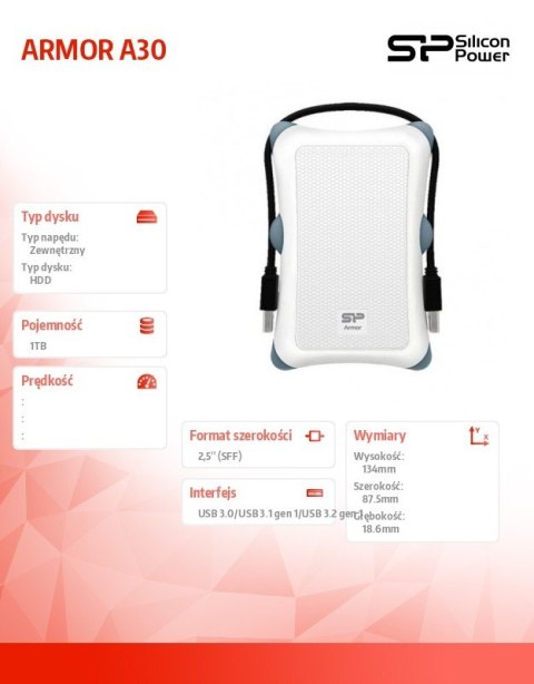 Zewnętrzny dysk HDD ARMOR A30 1TB USB 3.2 biały pancerny wstrząsoodporny Zewnętrzny dysk HDD ARMOR A30 1TB USB 3.2 biały pancerny wstrząsoodporny