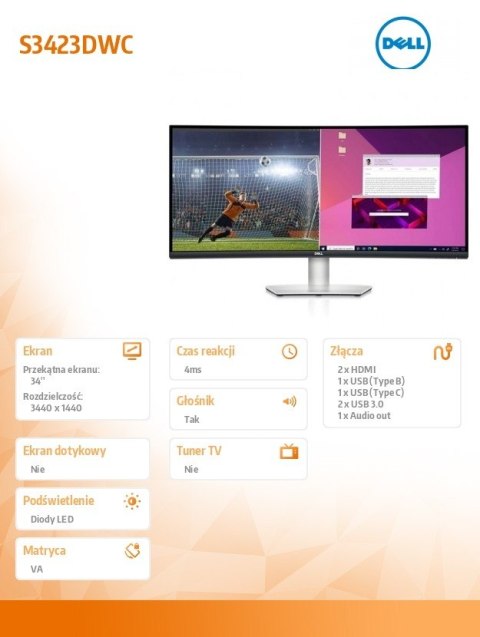 Monitor S3423DWC 34 cali Curved AMD FreeSync VA LED 100Hz WQHD (3440x1440)/2xHDMI/USB-C/USB/Anti-glare 3H hardness/3Y AES&PPE Monitor S3423DWC 34 cali Curved AMD FreeSync VA LED 100Hz WQHD (3440x1440)/2xHDMI/USB-C/USB/Anti-glare 3H hardness/3Y AES&PPE