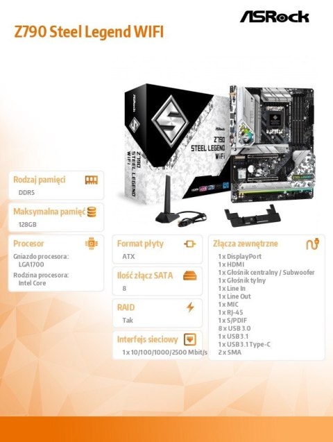 Płyta główna Z790 Steel Legend WIFI S1700 4DDR5 USB 3.2 ATX Płyta główna Z790 Steel Legend WIFI S1700 4DDR5 USB 3.2 ATX