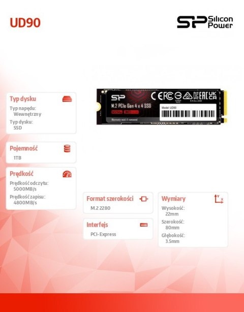 Dysk SSD UD90 1TB PCIe M.2 2280 NVMe Gen 4x4 5000/4800 MB/s Dysk SSD UD90 1TB PCIe M.2 2280 NVMe Gen 4x4 5000/4800 MB/s