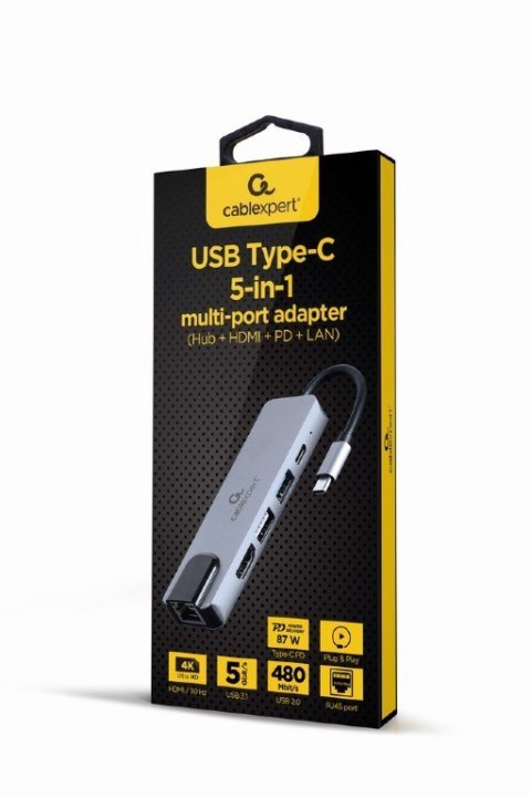 Adapter wieloportowy USB-C 5w1, PD, HDMI, USB 3.1, USB 2.0, LAN Adapter wieloportowy USB-C 5w1, PD, HDMI, USB 3.1, USB 2.0, LAN