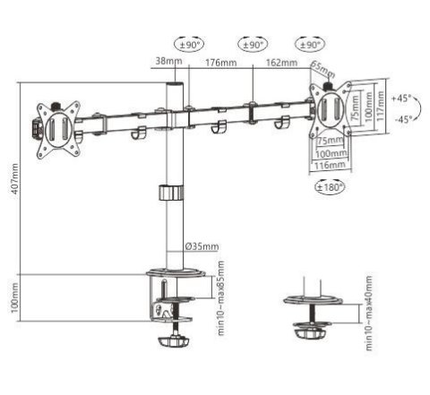 Ramię dla dwóch monitorów biurkowe (regulowane), 17 cale- 32 cale, do 9kg Ramię dla dwóch monitorów biurkowe (regulowane), 17 cale- 32 cale, do 9kg