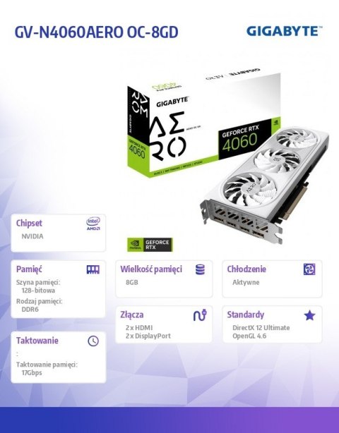 Karta graficzna GeForce RTX 4060 AERO OC 8G GDDR6 128bit 2DP/2HDMI Karta graficzna GeForce RTX 4060 AERO OC 8G GDDR6 128bit 2DP/2HDMI