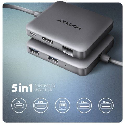 HMC-5HL Wieloportowy hub USB 5in1, 5Gbps, 2x USB-A, HDMI 4K/60Hz, GLAN, PD 100W, 15cm USB-C kabel