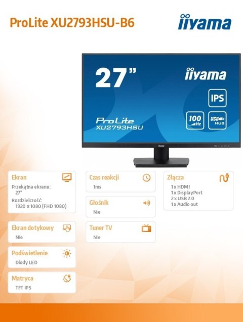 Monitor Prolite XU2793HSU-B6 27 cali IPS.HDMI.DP.2x2W.USBx2.FHD.SLIM.100Hz Monitor Prolite XU2793HSU-B6 27 cali IPS.HDMI.DP.2x2W.USBx2.FHD.SLIM.100Hz