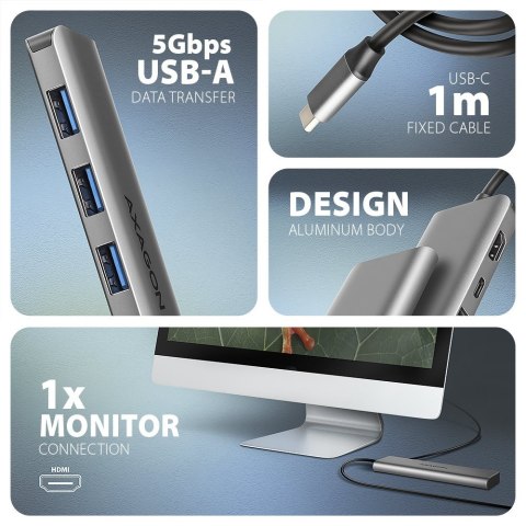 HMC-5H Wieloportowy hub USB 5in1, 5Gbps, 3x USB-A, HDMI 4K/30Hz, PD 100W, 100cm USB-C kabel