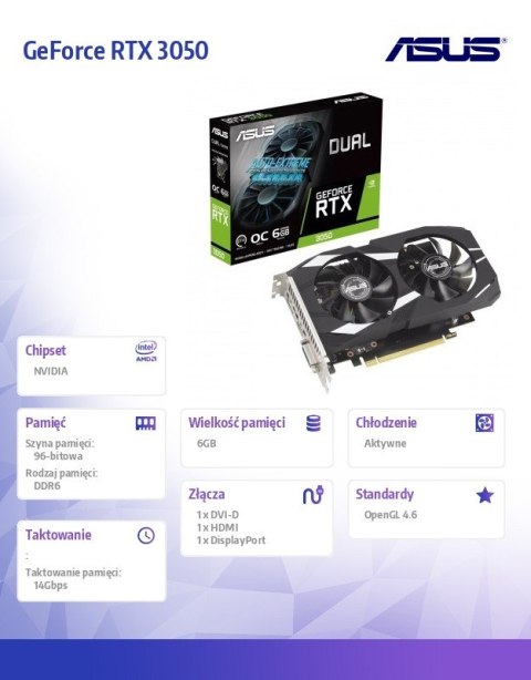 Karta graficzna GeForce RTX 3050 DUAL OC 6GB GDDR6 96bit DP/HDMI Karta graficzna GeForce RTX 3050 DUAL OC 6GB GDDR6 96bit DP/HDMI