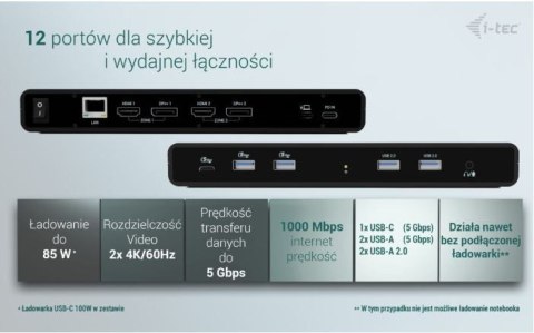 Stacja dokująca Universal Dual 4K Display Power Delivery 85W + i-tec USB-C Charger 100W Stacja dokująca Universal Dual 4K Display Power Delivery 85W + i-tec USB-C Charger 100W
