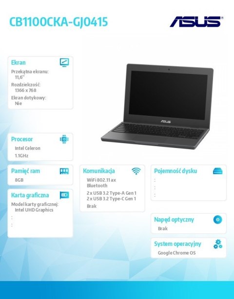 Notebook Chromebook CB1100CKA-GJ0415 - Celeron N5100/8GB/64GB/11.6 cali/ChromeOS/5Y Notebook Chromebook CB1100CKA-GJ0415 - Celeron N5100/8GB/64GB/11.6 cali/ChromeOS/5Y