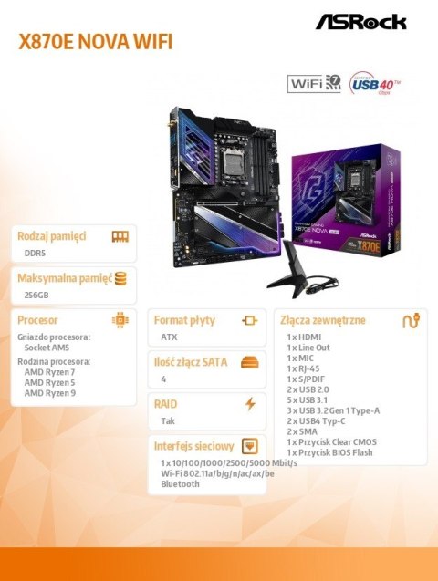 Płyta główna X870E NOVA WIFI AM5 4DDR5 M.2 ATX Płyta główna X870E NOVA WIFI AM5 4DDR5 M.2 ATX