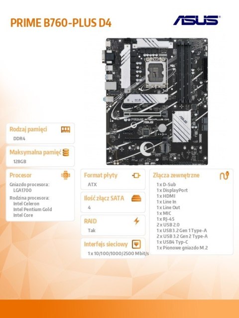 Płyta główna PRIME B760-PLUS D4 s1700 4DDR4 ATX Płyta główna PRIME B760-PLUS D4 s1700 4DDR4 ATX