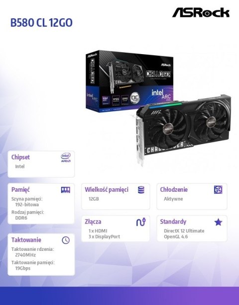 Karta graficzna B580 CHALLENGER 12G OC GDDR6 192bit 3DP/HDMI Karta graficzna B580 CHALLENGER 12G OC GDDR6 192bit 3DP/HDMI