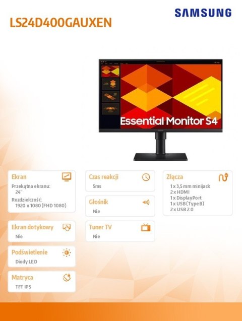 Monitor 24 cale S40GD IPS 1920x1080 FHD 16:9 2xHDMI 1xDP 2xUSB-A 2.0 1xUSB-B 5ms 100Hz HAS+PIV płaski 3YOn-Site (LS24D400GAUXEN) Monitor 24 cale S40GD IPS 1920x1080 FHD 16:9 2xHDMI 1xDP 2xUSB-A 2.0 1xUSB-B 5ms 100Hz HAS+PIV płaski 3YOn-Site (LS24D400GAUXEN)