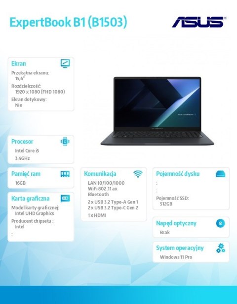 Notebook ExpertBook B1 B1503CVA-S70249X - i5-1335U/16GB/512GB/15.6 FHD/Win 11 PRO/3YRS Notebook ExpertBook B1 B1503CVA-S70249X - i5-1335U/16GB/512GB/15.6 FHD/Win 11 PRO/3YRS